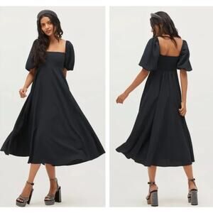 Hill House Matilda Midi Dress Square Neck Puff Sleeve Smocked Crepe Maxi Black